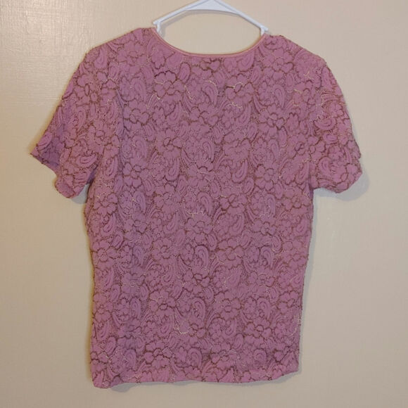 JM Collection Size Small Nylon Pink Floral Flower Textured Short Sleeve Blouse - Picture 2 of 8